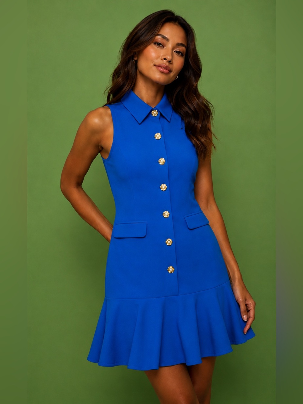 Karl Lagerfeld Paris Womens Sheath Dress Size 10 Blue Gold Bottons Collared